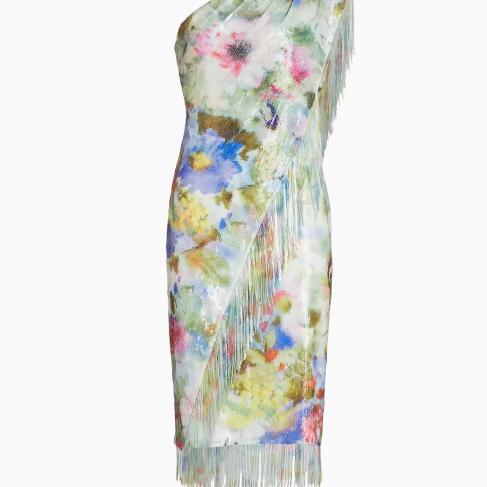 BADGLEY MISCHKA Green Multi Fringe Sequin Floral One Shoulder Dress - Picture 8 of 17